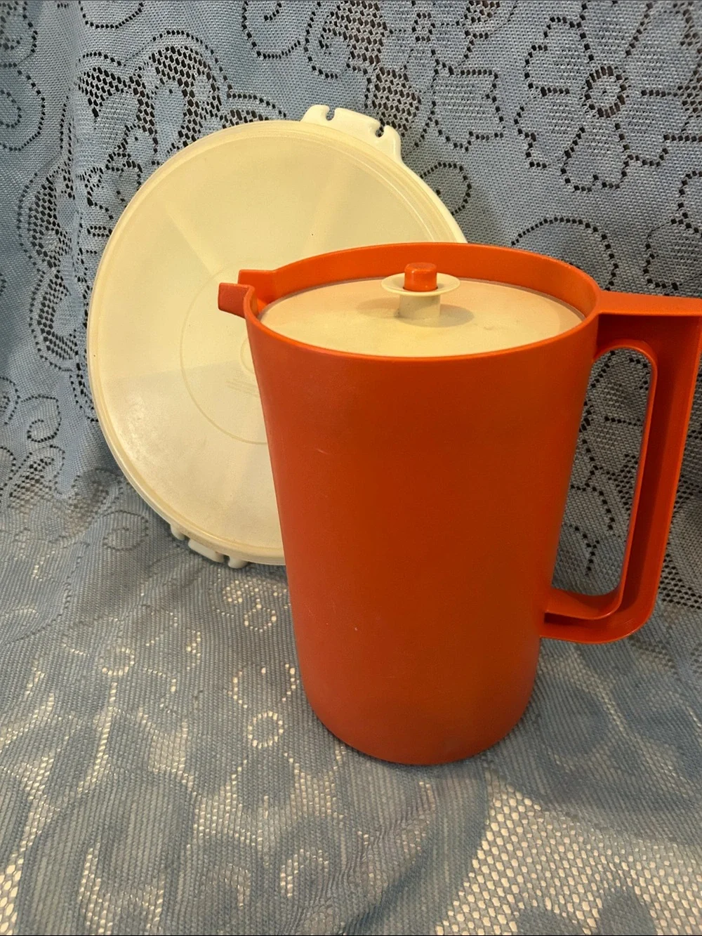 Tupperware Orange Pitcher with White Lid
